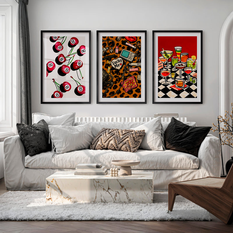 Retro Wall Art with 8 Ball Cherries and Cocktail Table - Black Framed Poster with White Border - Artworksets