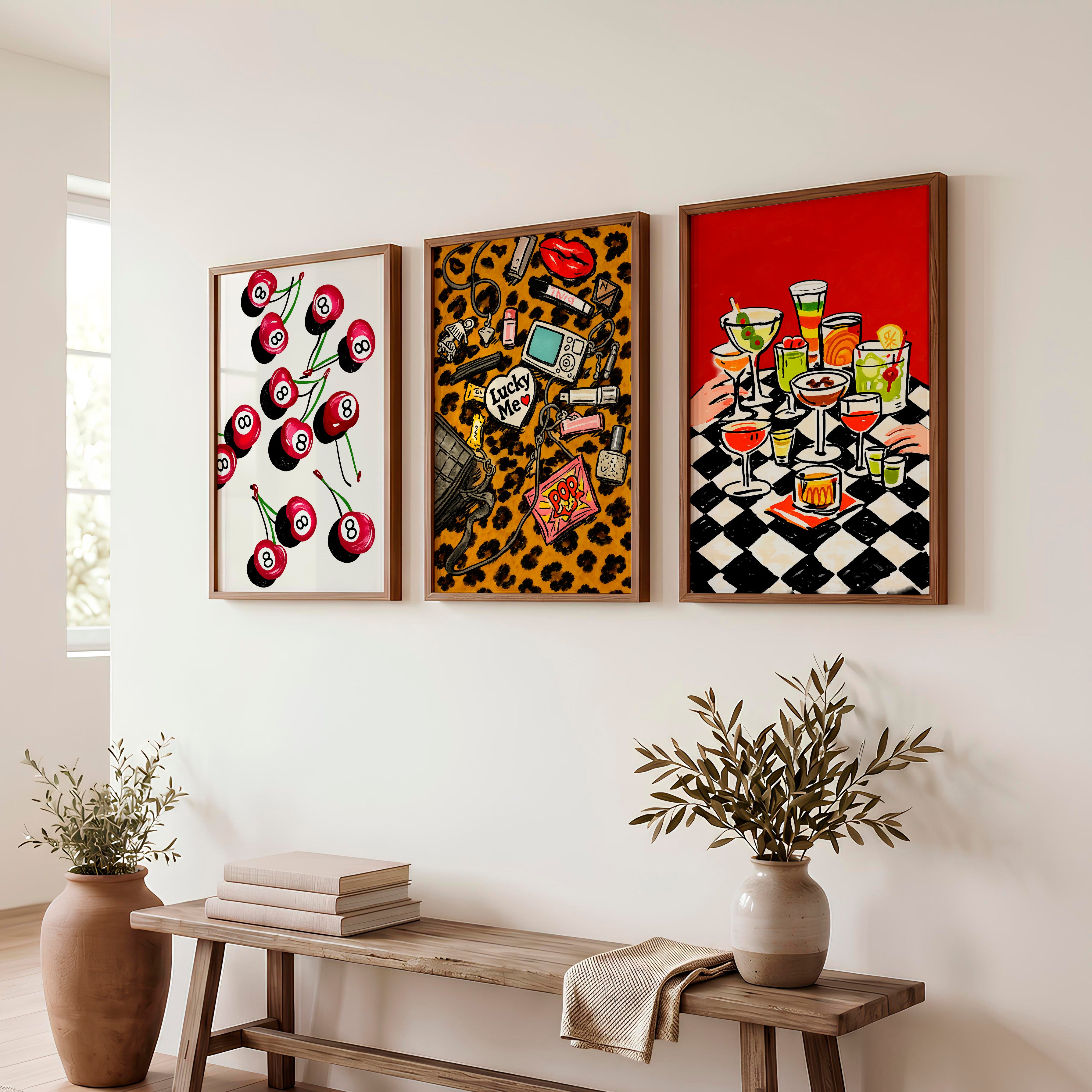 Retro Wall Art with 8 Ball Cherries and Cocktail Table - Dark Brown Framed Poster No Border - Artworksets
