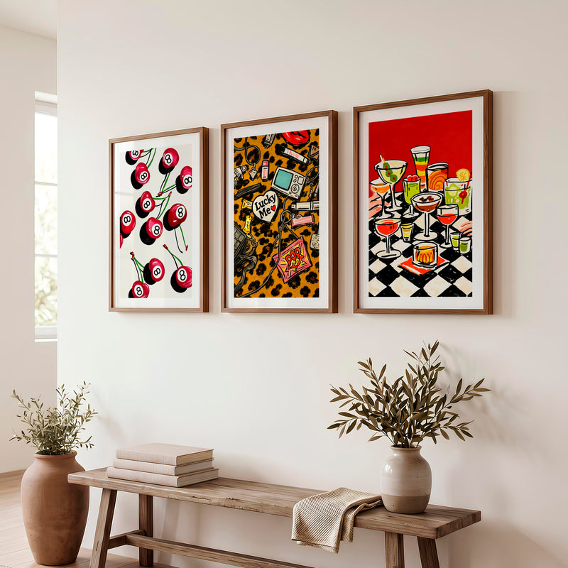 Retro Wall Art with 8 Ball Cherries and Cocktail Table - Dark Brown Framed Poster with White Border - Artworksets