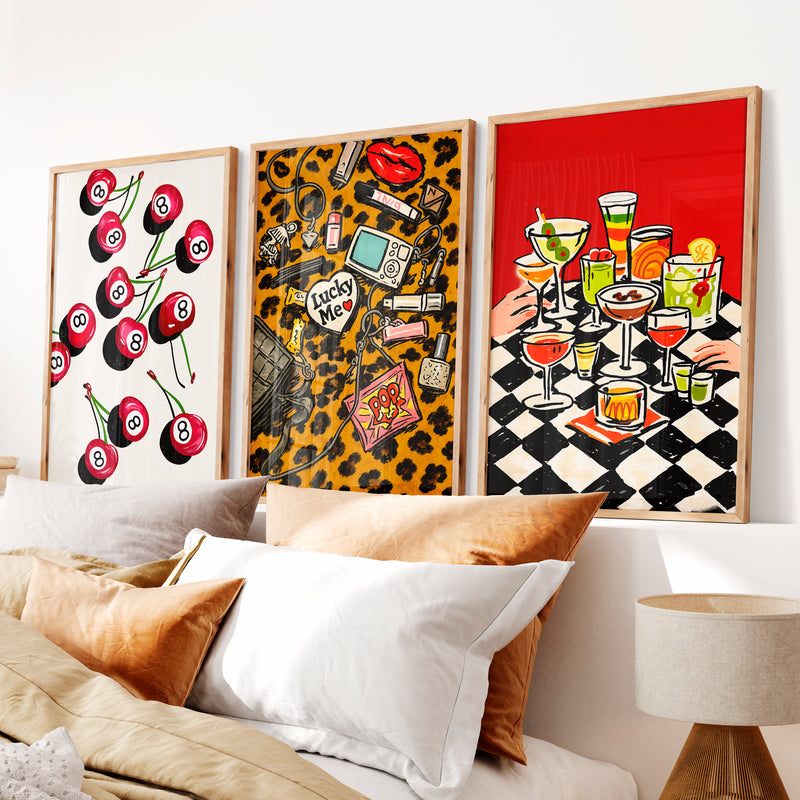 Retro Wall Art with 8 Ball Cherries and Cocktail Table - Natural Wood Framed Poster No Border - Artworksets