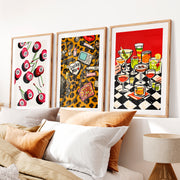 Retro Wall Art with 8 Ball Cherries and Cocktail Table- Natural Wood Framed Poster with White Border - Artworksets