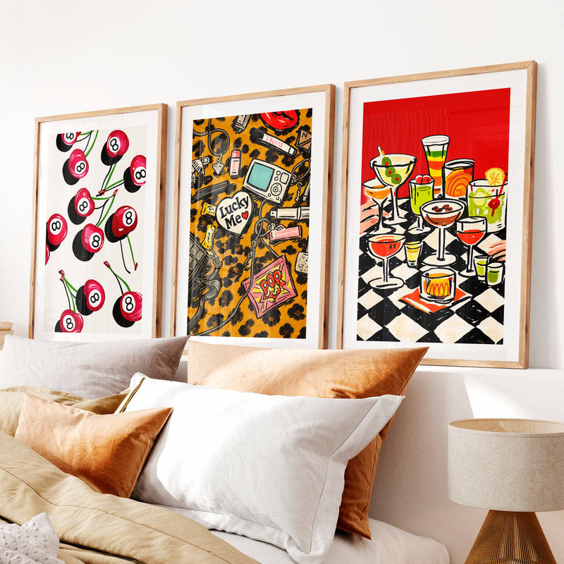 Retro Wall Art with 8 Ball Cherries and Cocktail Table- Natural Wood Framed Poster with White Border - Artworksets