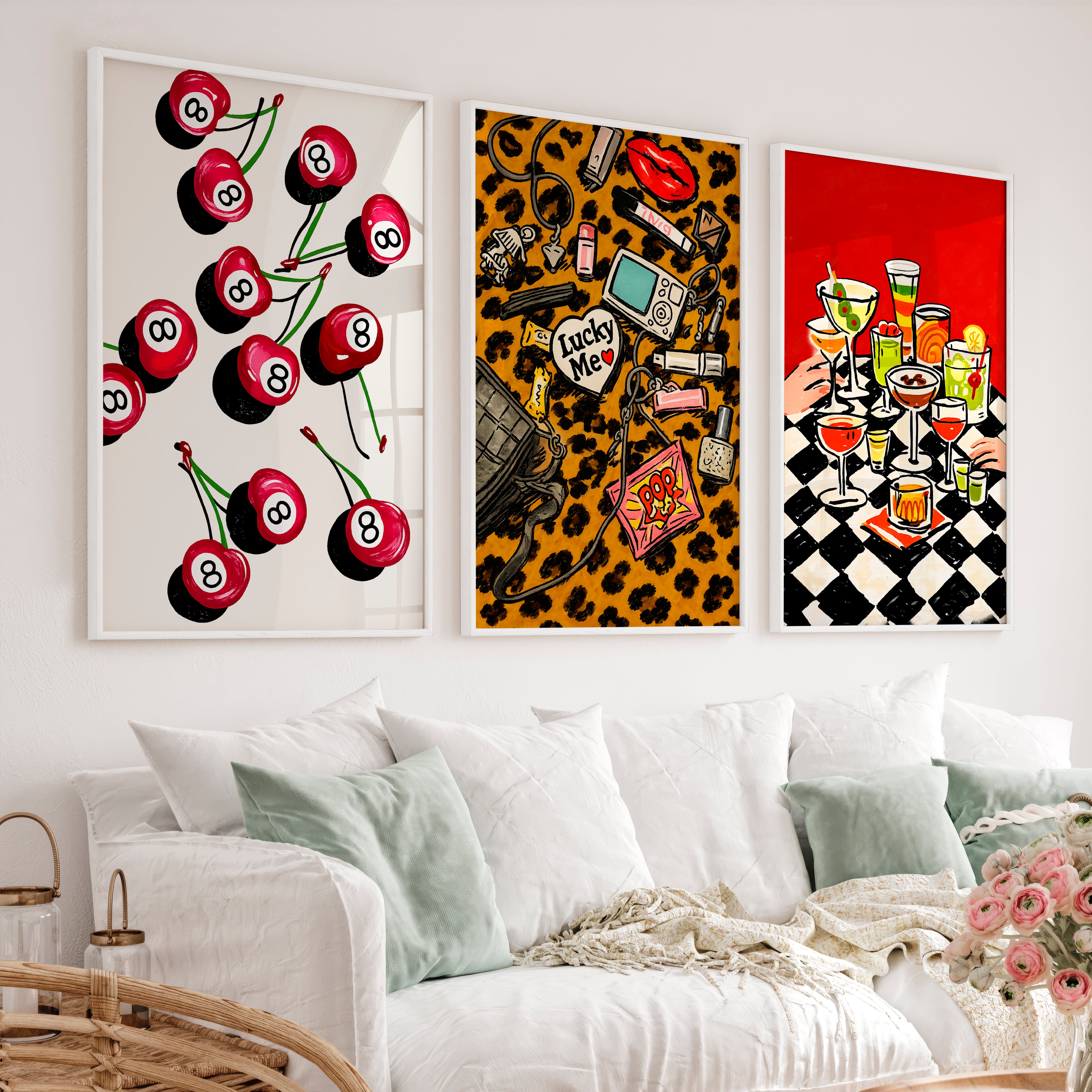 Retro Wall Art with 8 Ball Cherries and Cocktail Table - White Framed Poster No Border - Artworksets
