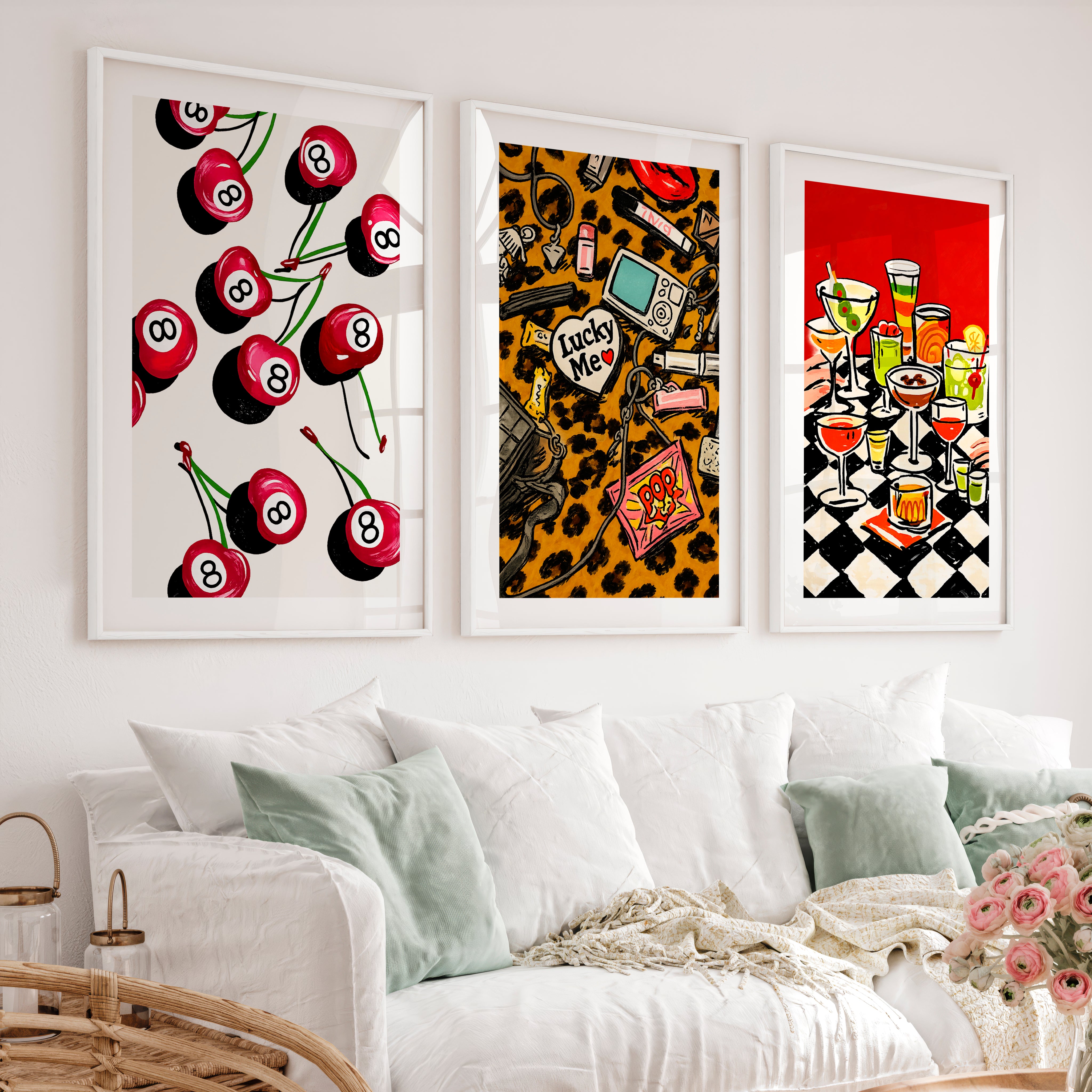 Retro Wall Art with 8 Ball Cherries and Cocktail Table - White Framed Poster with White Border - Artworksets