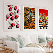 Retro Wall Art with 8 Ball Cherries and Cocktail Table - White Framed Poster with White Border - Artworksets