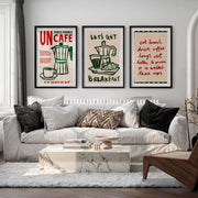 Retro Wall Art Featuring Coffee Pot and Croissant Set - Black Framed Poster with White Border - Artworksets