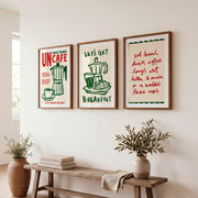 Retro Wall Art Featuring Coffee Pot and Croissant Set - Dark Brown Framed Poster with White Border - Artworksets
