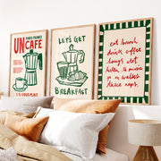 Retro Wall Art Featuring Coffee Pot and Croissant Set - Natural Wood Framed Poster No Border - Artworksets