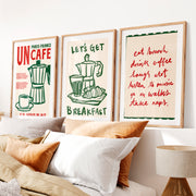 Retro Wall Art Featuring Coffee Pot and Croissant Set- Natural Wood Framed Poster with White Border - Artworksets
