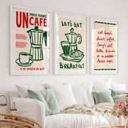 Retro Wall Art Featuring Coffee Pot and Croissant Set - White Framed Poster with White Border - Artworksets
