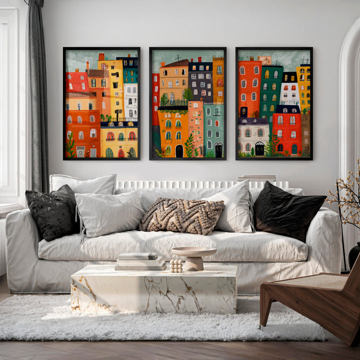 Midcentury Retro Wall Art with Colorful City Buildings - Black Framed Poster No Border - Artworksets