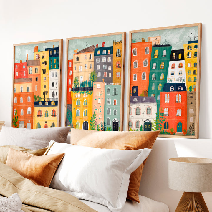 Midcentury Retro Wall Art with Colorful City Buildings - Natural Wood Framed Poster No Border - Artworksets