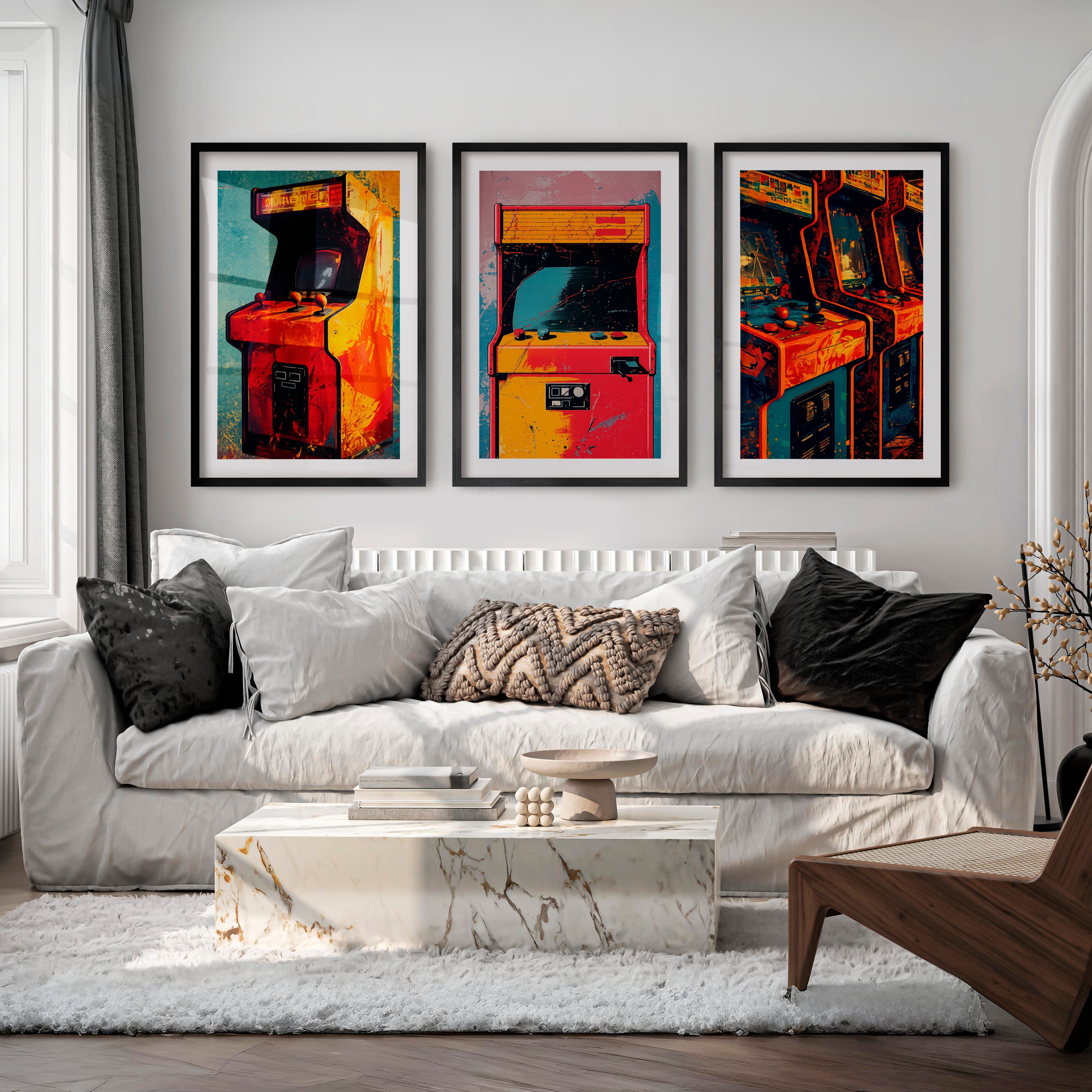 Retro Wall Art Decor Arcade Cabinet Set - Black Framed Poster with White Border - Artworksets