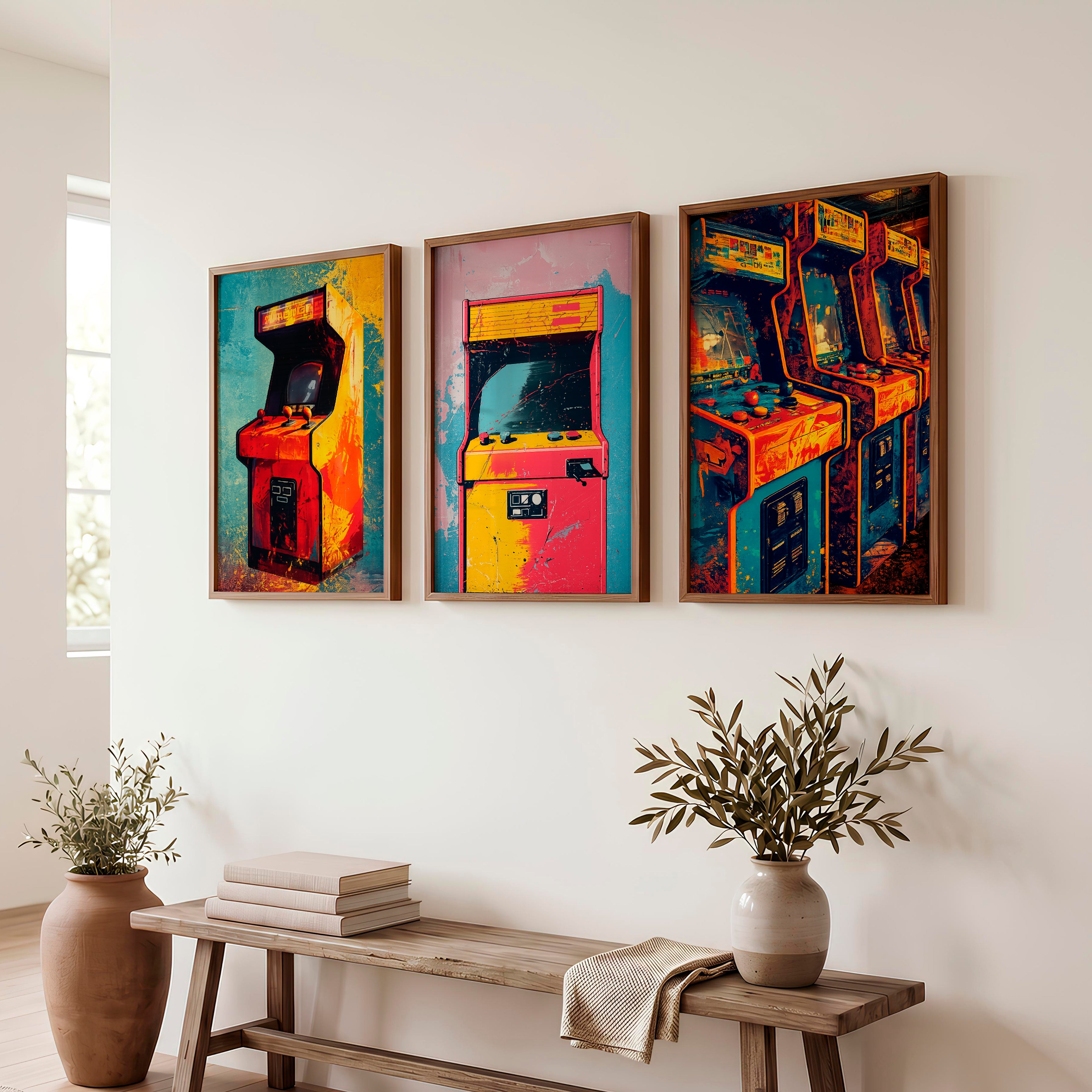 Retro Wall Art Decor Arcade Cabinet Set - Dark Brown Framed Poster No Border - Artworksets