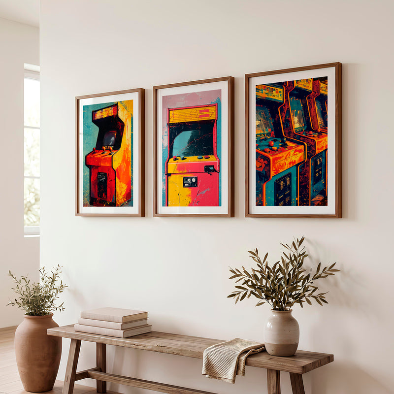 Retro Wall Art Decor Arcade Cabinet Set - Dark Brown Framed Poster with White Border - Artworksets