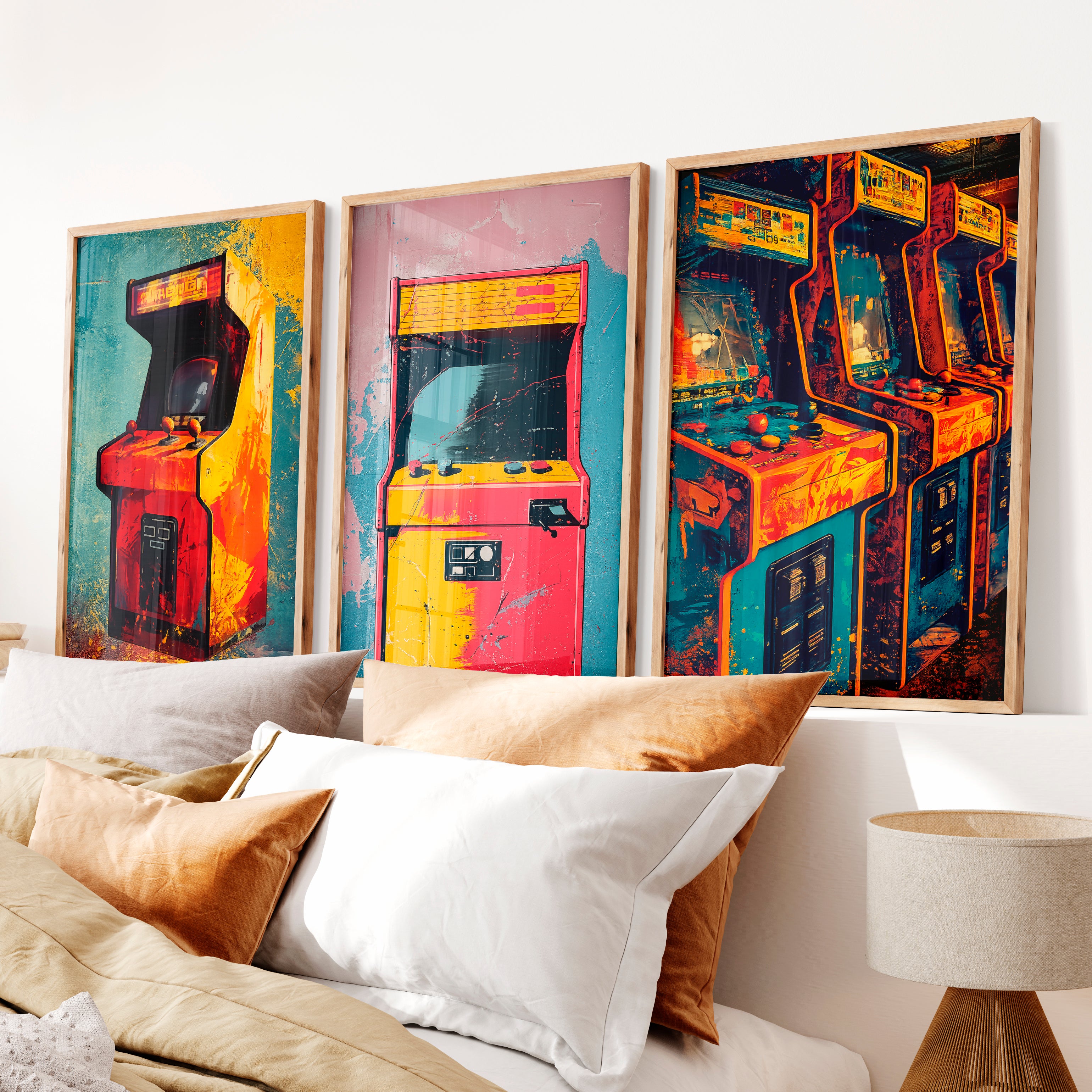 Retro Wall Art Decor Arcade Cabinet Set - Natural Wood Framed Poster No Border - Artworksets