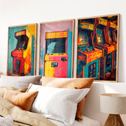 Retro Wall Art Decor Arcade Cabinet Set - Natural Wood Framed Poster No Border - Artworksets