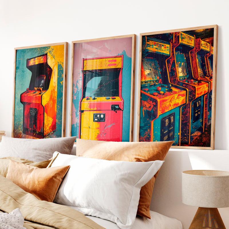 Retro Wall Art Decor Arcade Cabinet Set - Natural Wood Framed Poster No Border - Artworksets