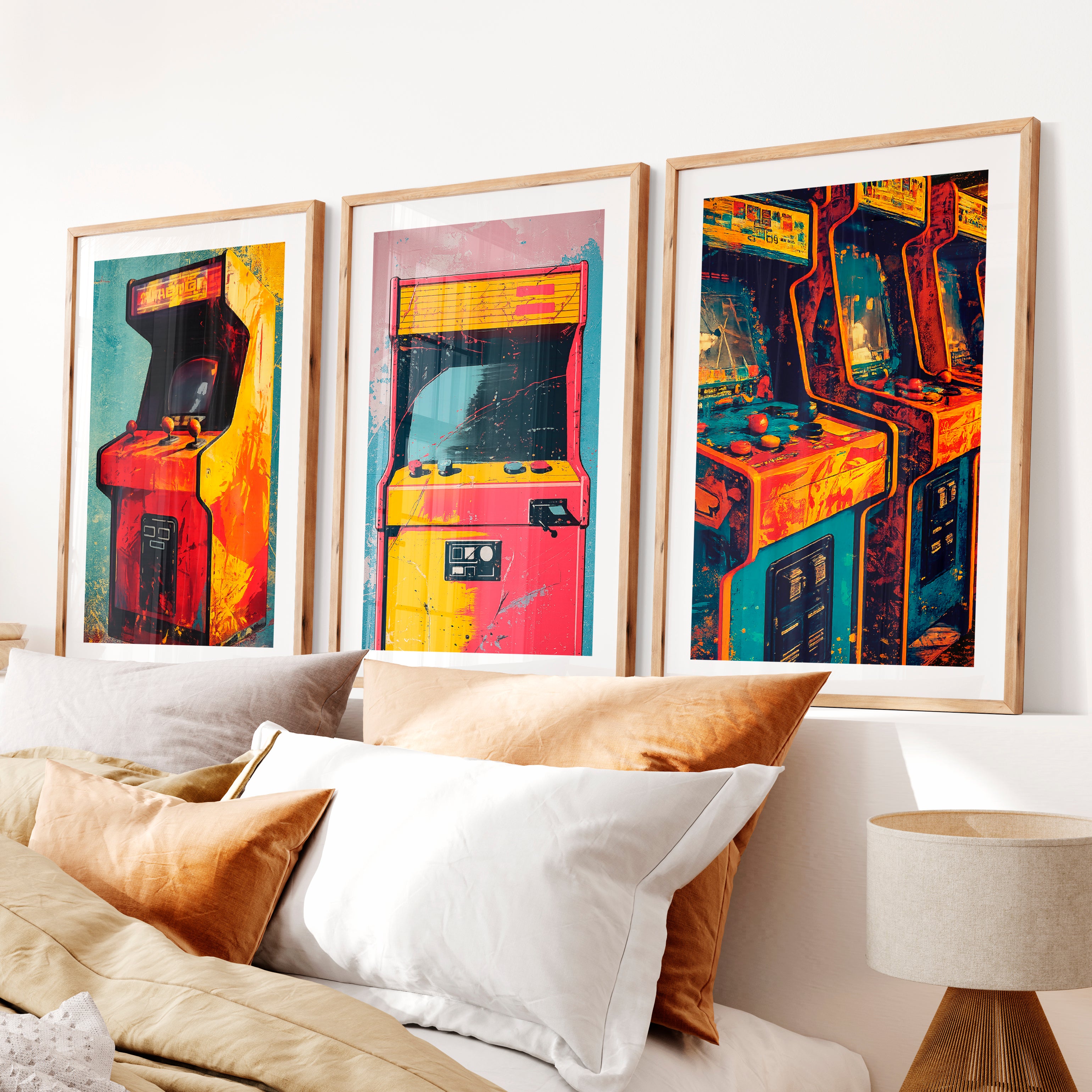 Retro Wall Art Decor Arcade Cabinet Set- Natural Wood Framed Poster with White Border - Artworksets