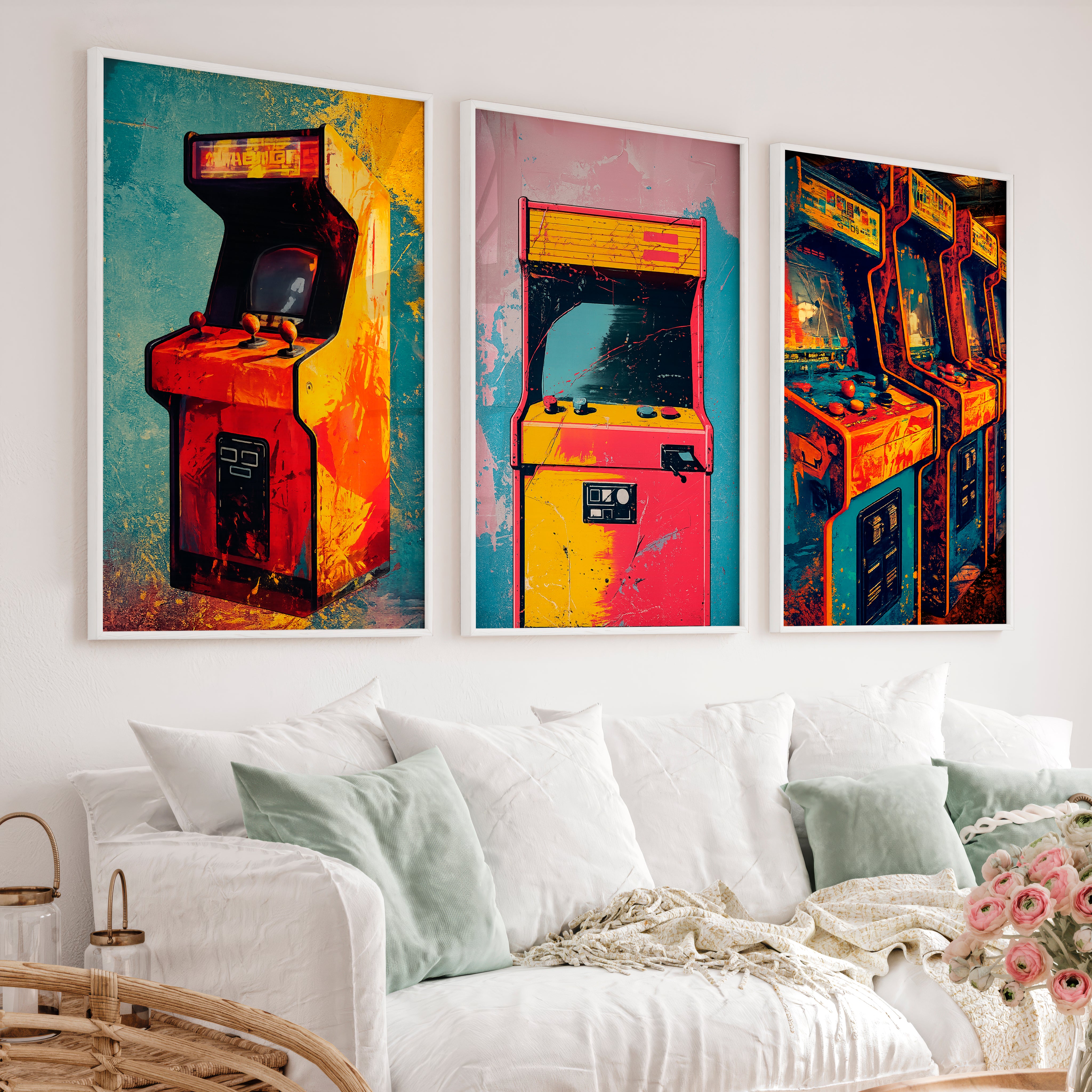 Retro Wall Art Decor Arcade Cabinet Set - White Framed Poster No Border - Artworksets