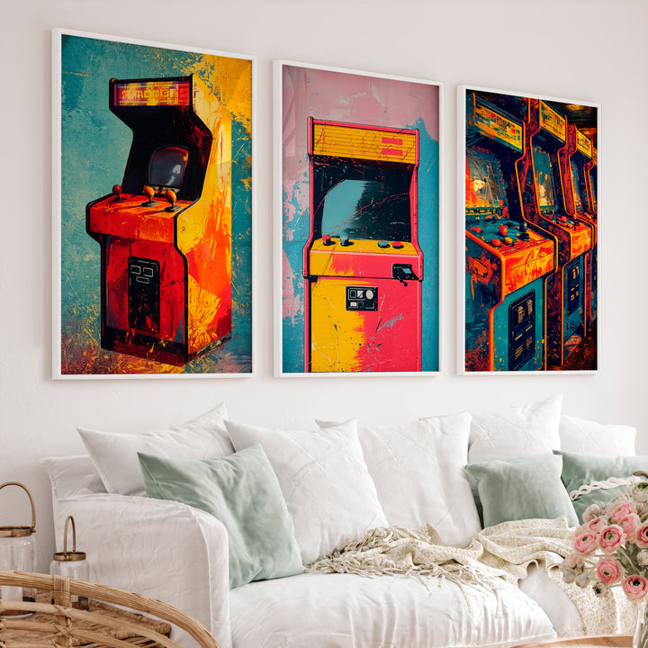 Retro Wall Art Decor Arcade Cabinet Set - White Framed Poster No Border - Artworksets