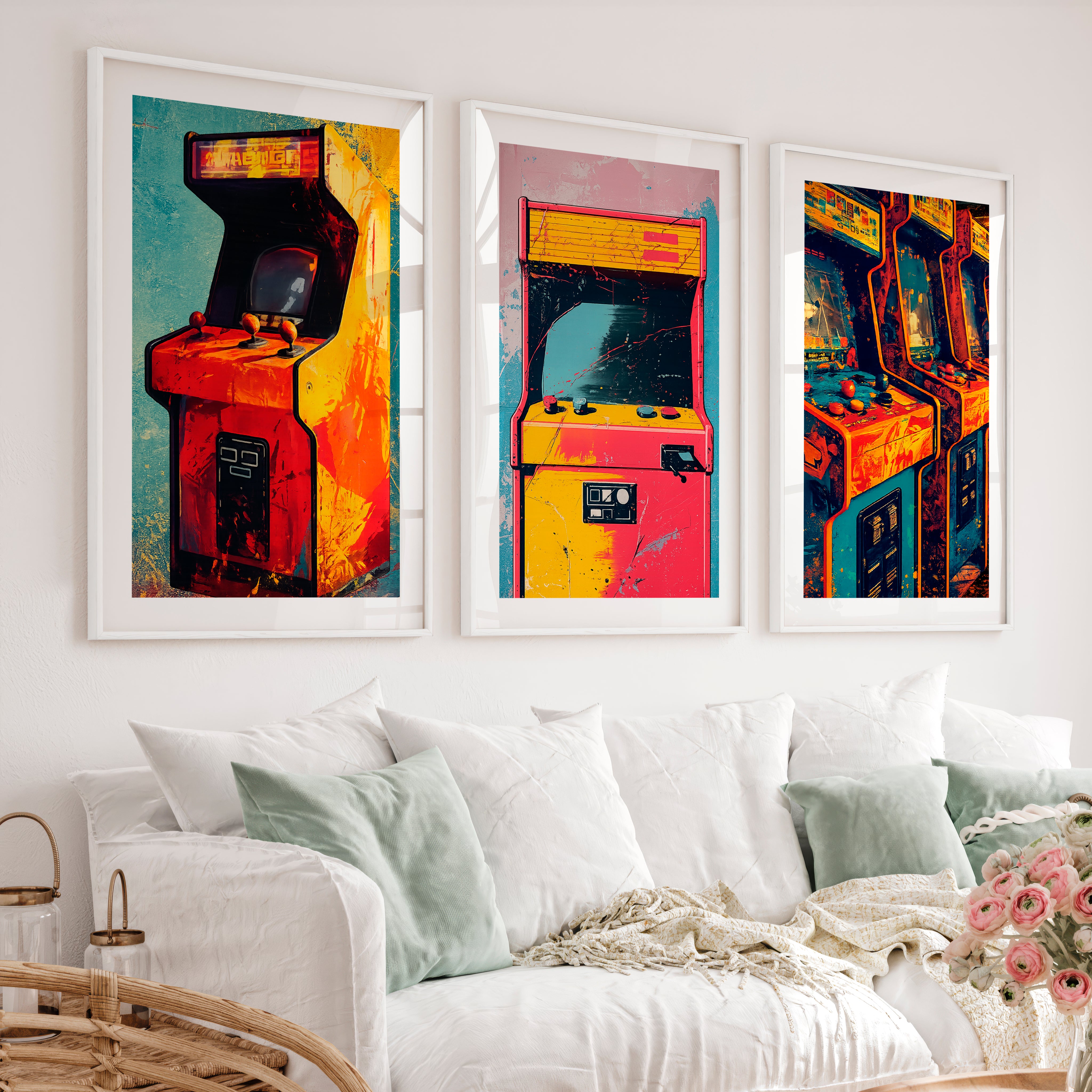 Retro Wall Art Decor Arcade Cabinet Set - White Framed Poster with White Border - Artworksets
