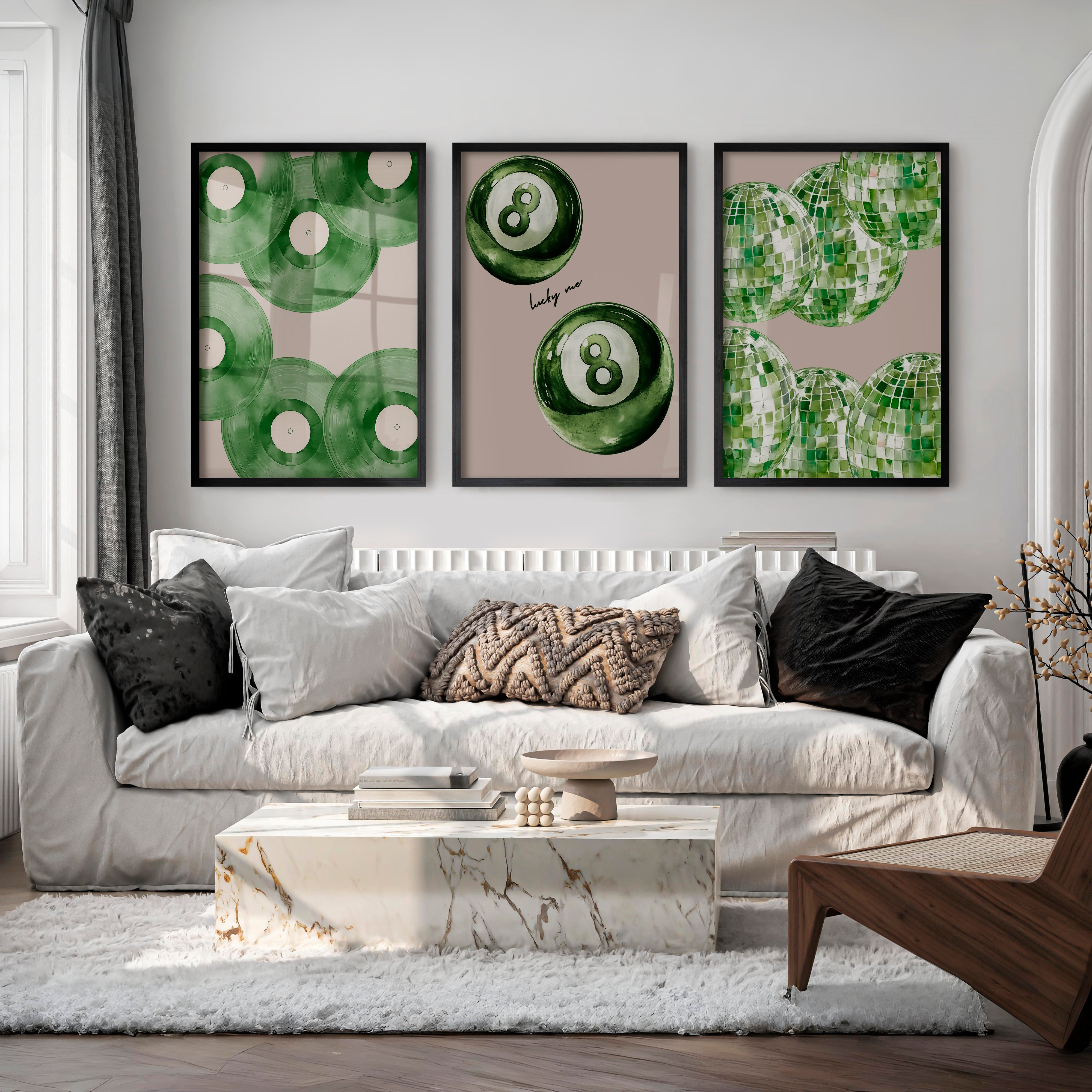 Lucky Green Vinyl and Disco Ball Art for retro wall art decor - Black Framed Poster No Border - Artworksets