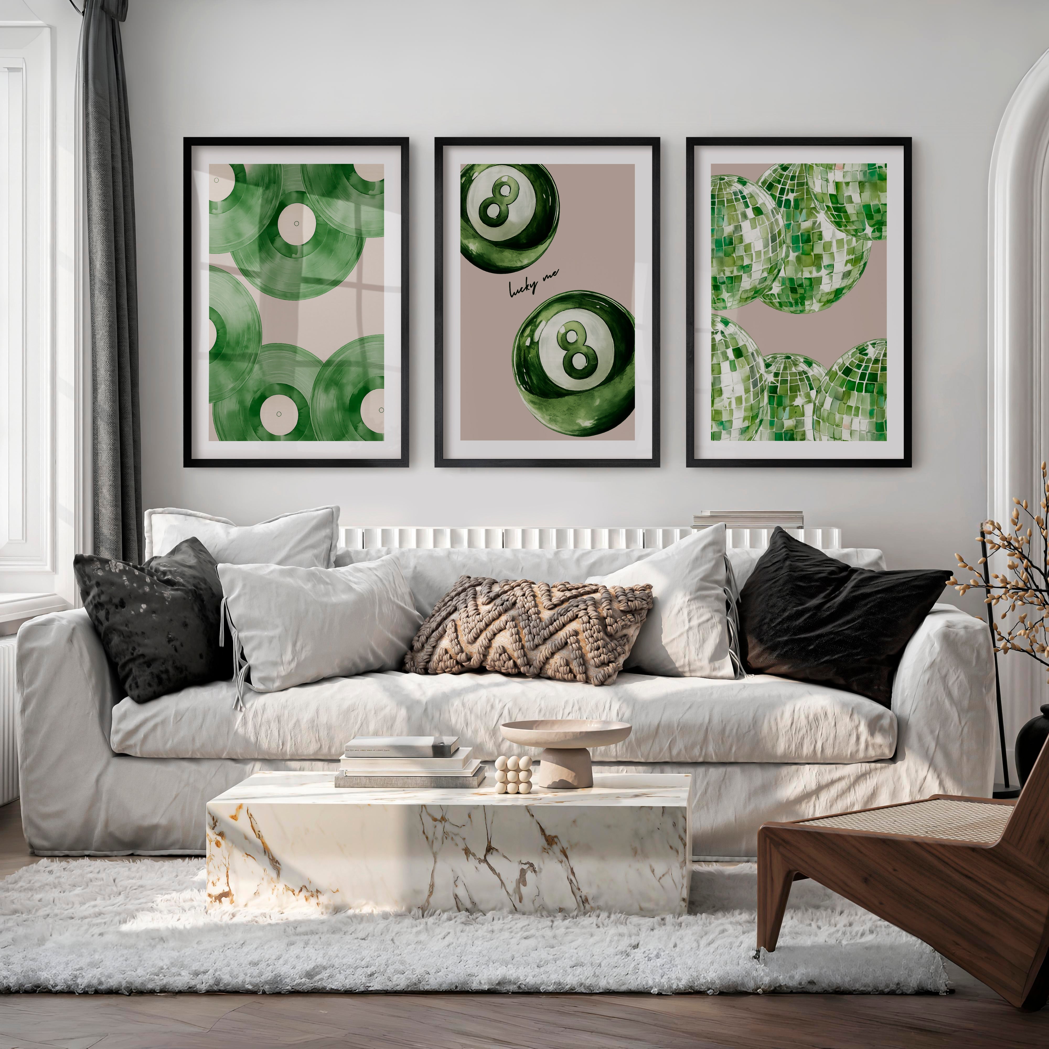 Lucky Green Vinyl and Disco Ball Art for retro wall art decor - Black Framed Poster with White Border - Artworksets