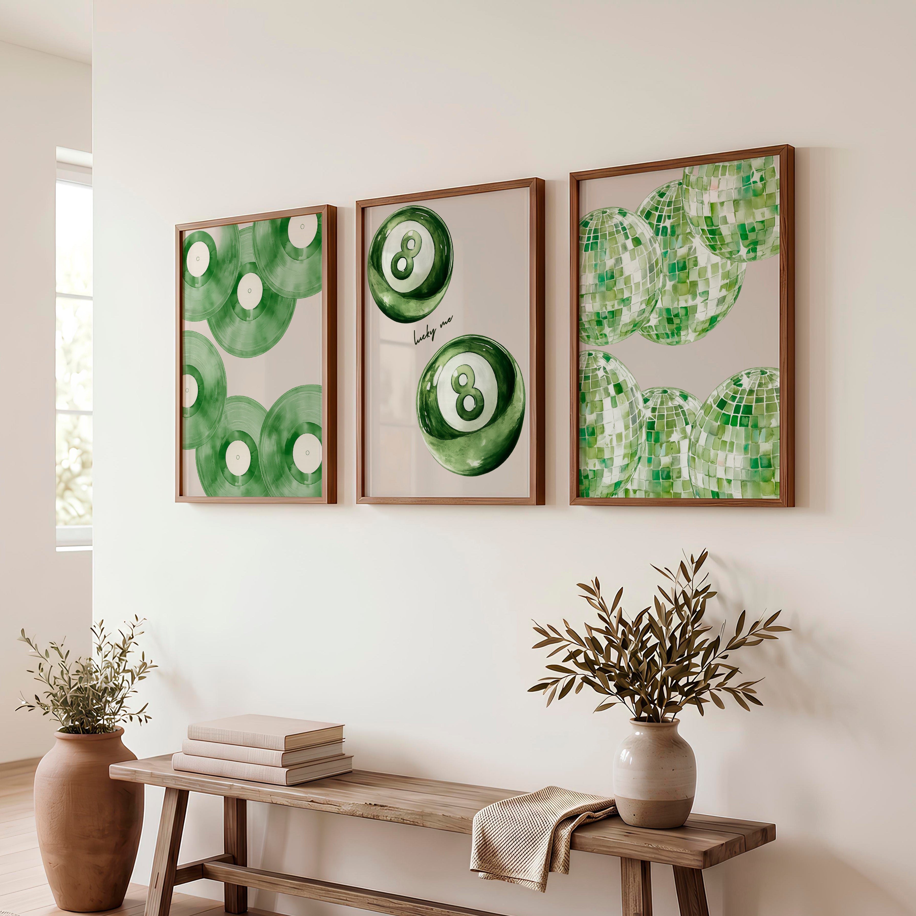 Lucky Green Vinyl and Disco Ball Art for retro wall art decor - Dark Brown Framed Poster No Border - Artworksets