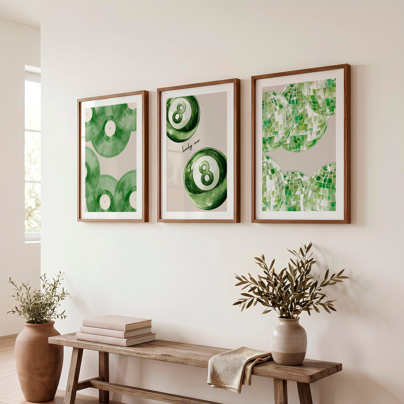 Lucky Green Vinyl and Disco Ball Art for retro wall art decor - Dark Brown Framed Poster with White Border - Artworksets