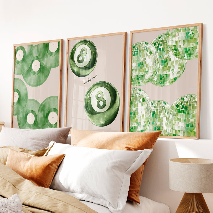 Lucky Green Vinyl and Disco Ball Art for retro wall art decor - Natural Wood Framed Poster No Border - Artworksets