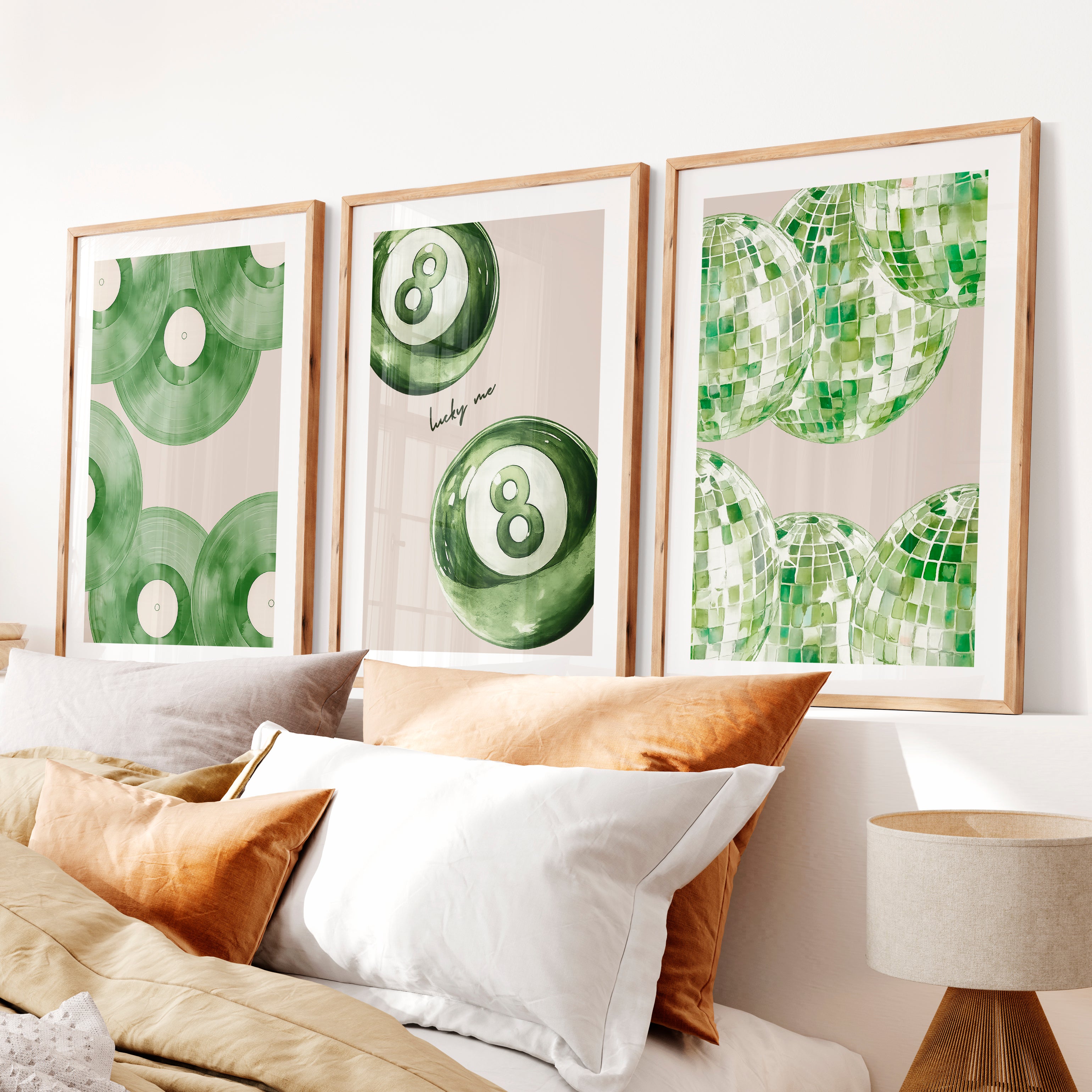 Lucky Green Vinyl and Disco Ball Art for retro wall art decor- Natural Wood Framed Poster with White Border - Artworksets
