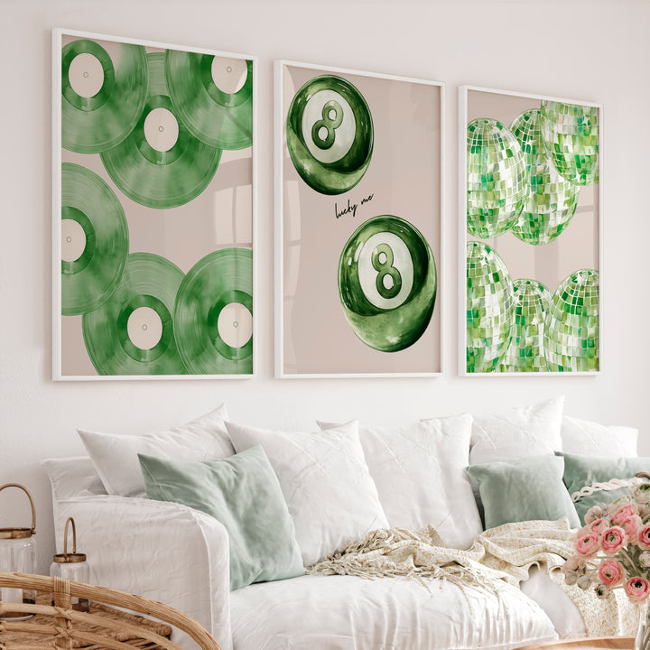 Lucky Green Vinyl and Disco Ball Art for retro wall art decor - White Framed Poster No Border - Artworksets