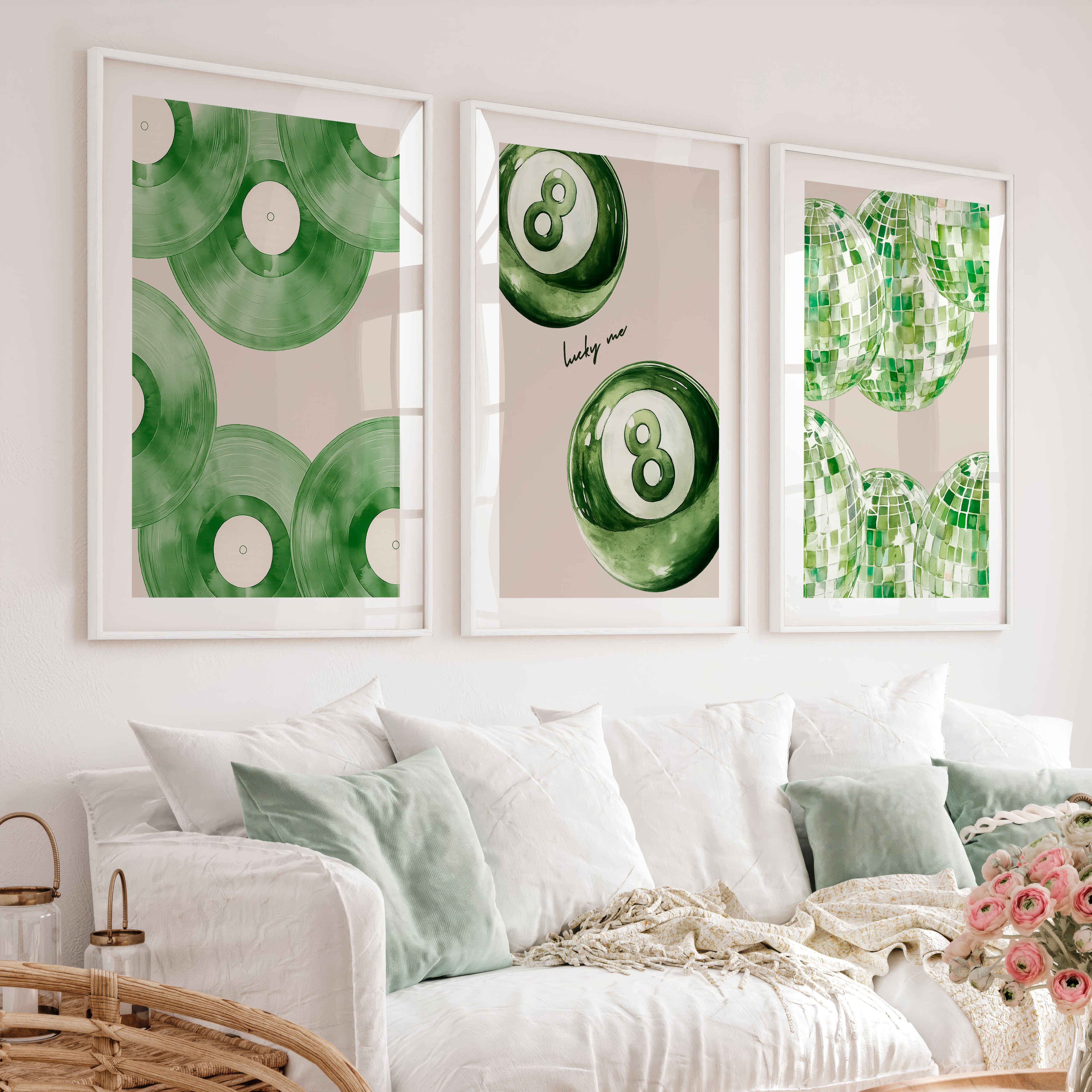 Lucky Green Vinyl and Disco Ball Art for retro wall art decor - White Framed Poster with White Border - Artworksets