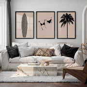 Retro Wall Art Decor Featuring Surfboard and Palm Silhouettes - Black Framed Poster No Border - Artworksets