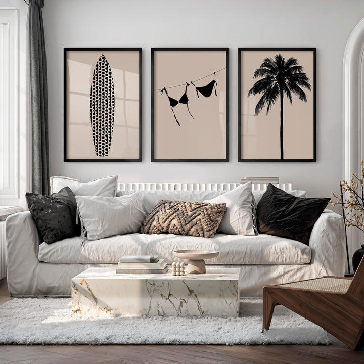 Retro Wall Art Decor Featuring Surfboard and Palm Silhouettes - Black Framed Poster No Border - Artworksets