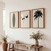 Retro Wall Art Decor Featuring Surfboard and Palm Silhouettes - Dark Brown Framed Poster No Border - Artworksets