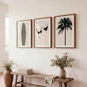 Retro Wall Art Decor Featuring Surfboard and Palm Silhouettes - Dark Brown Framed Poster with White Border - Artworksets
