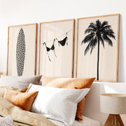 Retro Wall Art Decor Featuring Surfboard and Palm Silhouettes - Natural Wood Framed Poster No Border - Artworksets