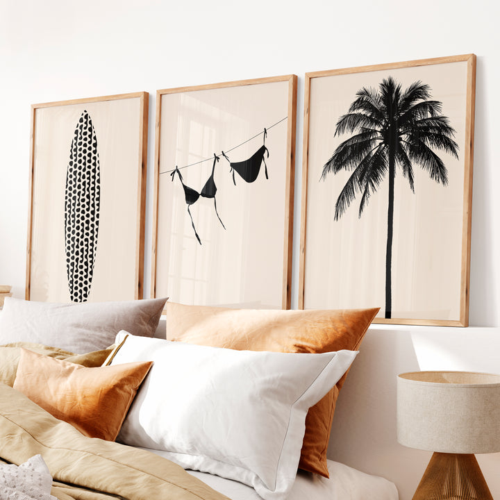 Retro Wall Art Decor Featuring Surfboard and Palm Silhouettes - Natural Wood Framed Poster No Border - Artworksets