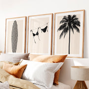 Retro Wall Art Decor Featuring Surfboard and Palm Silhouettes- Natural Wood Framed Poster with White Border - Artworksets