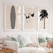 Retro Wall Art Decor Featuring Surfboard and Palm Silhouettes - White Framed Poster with White Border - Artworksets