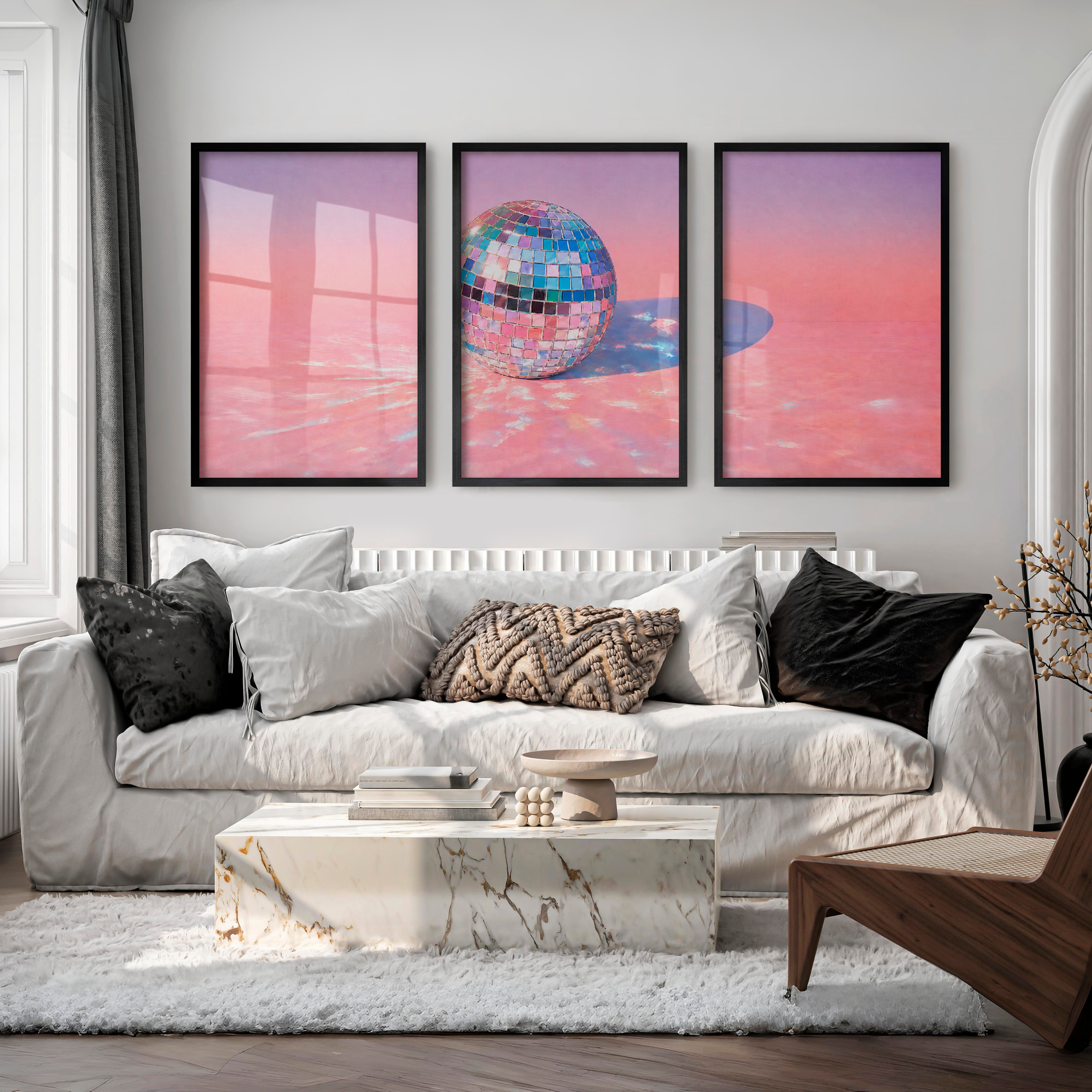 Retro Wall Art with Pastel Disco Ball Reflection - Black Framed Poster No Border - Artworksets