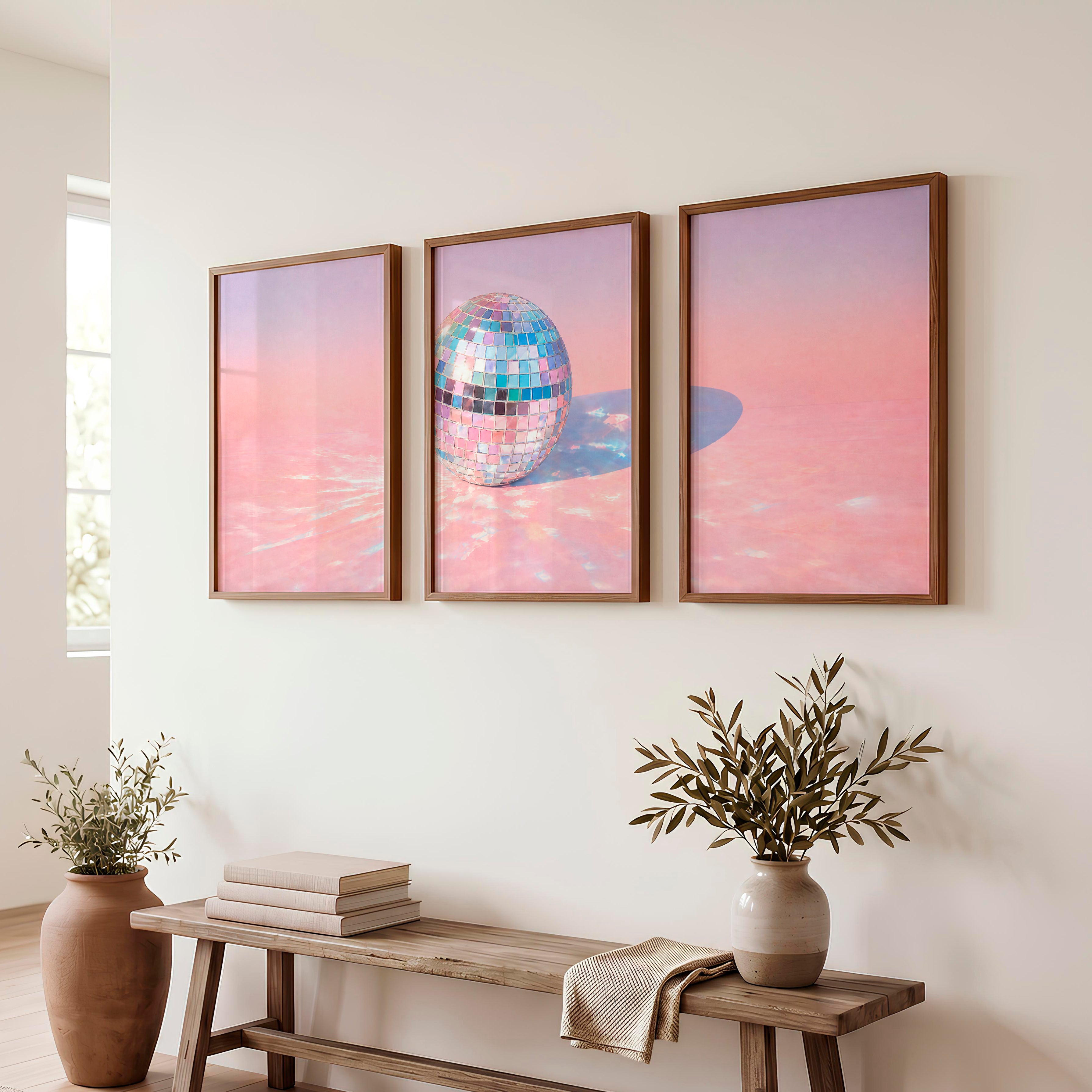 Retro Wall Art with Pastel Disco Ball Reflection - Dark Brown Framed Poster No Border - Artworksets