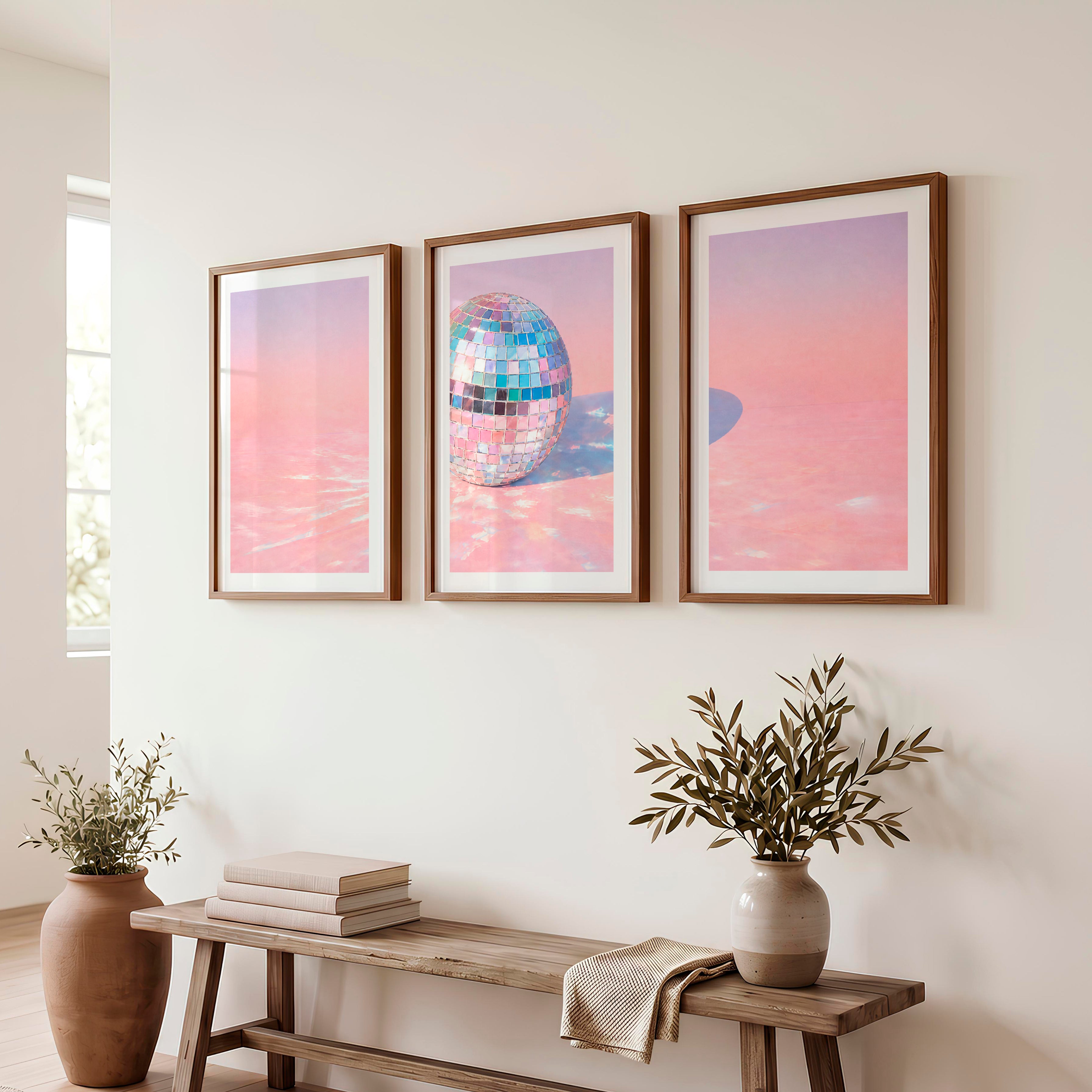 Retro Wall Art with Pastel Disco Ball Reflection - Dark Brown Framed Poster with White Border - Artworksets