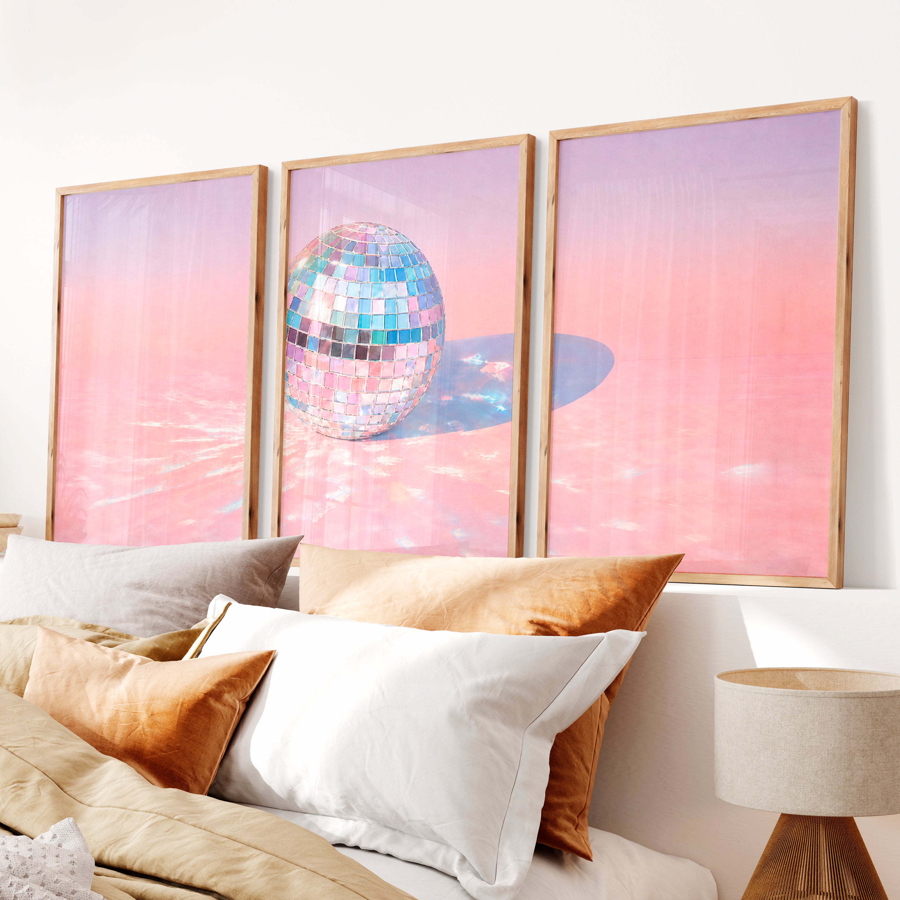 Retro Wall Art with Pastel Disco Ball Reflection - Natural Wood Framed Poster No Border - Artworksets