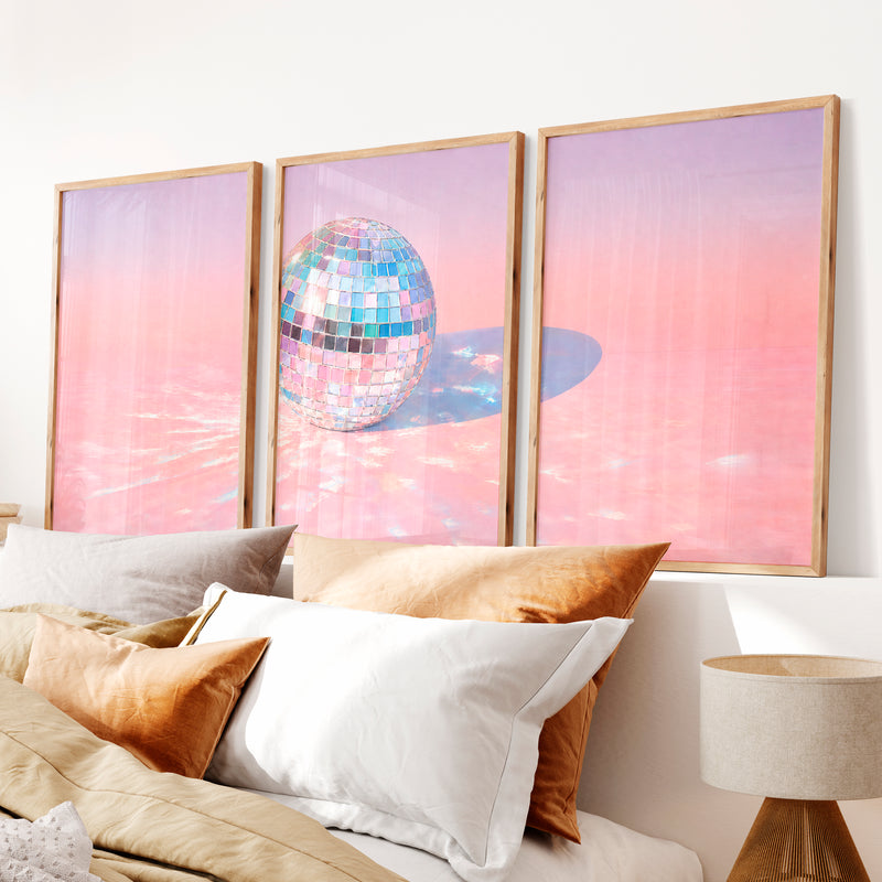 Retro Wall Art with Pastel Disco Ball Reflection - Natural Wood Framed Poster No Border - Artworksets