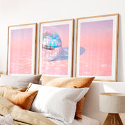 Retro Wall Art with Pastel Disco Ball Reflection- Natural Wood Framed Poster with White Border - Artworksets