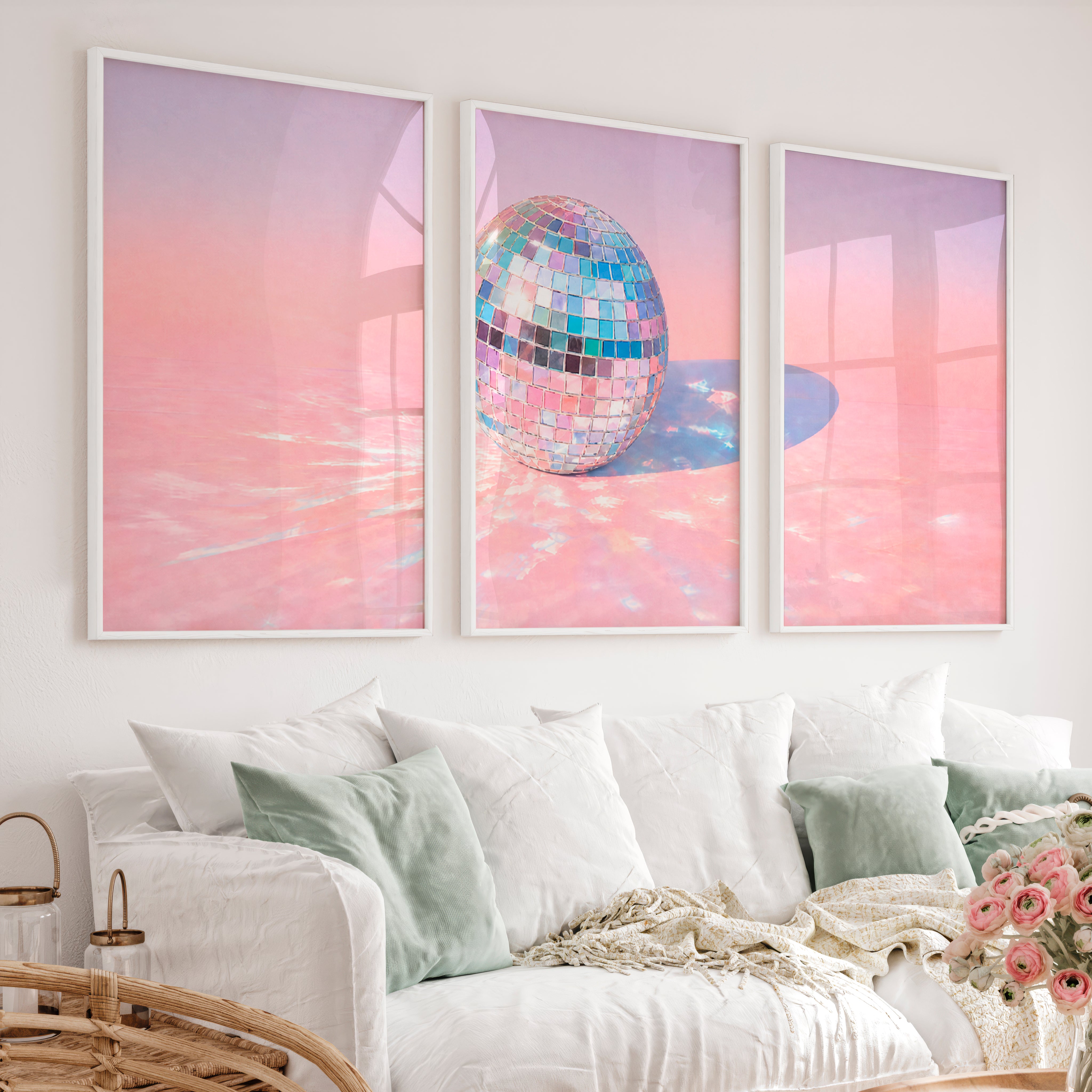 Retro Wall Art with Pastel Disco Ball Reflection - White Framed Poster No Border - Artworksets