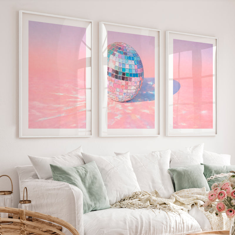 Retro Wall Art with Pastel Disco Ball Reflection - White Framed Poster with White Border - Artworksets